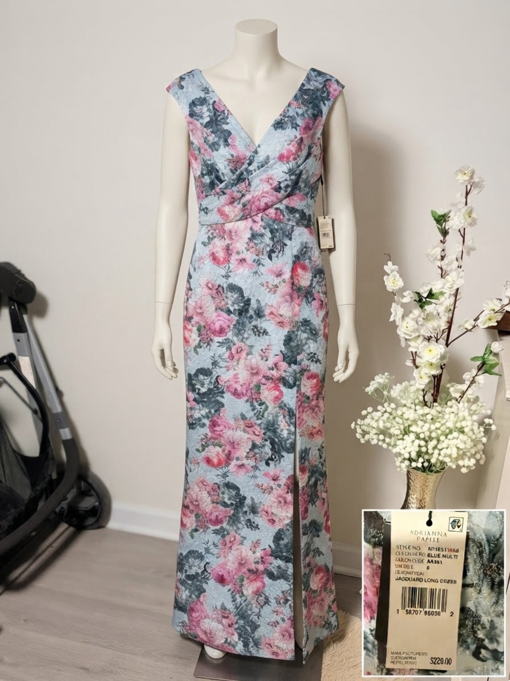 Adrianna Papell Powder Blue & Pink Floral Jacquard Maxi Dress